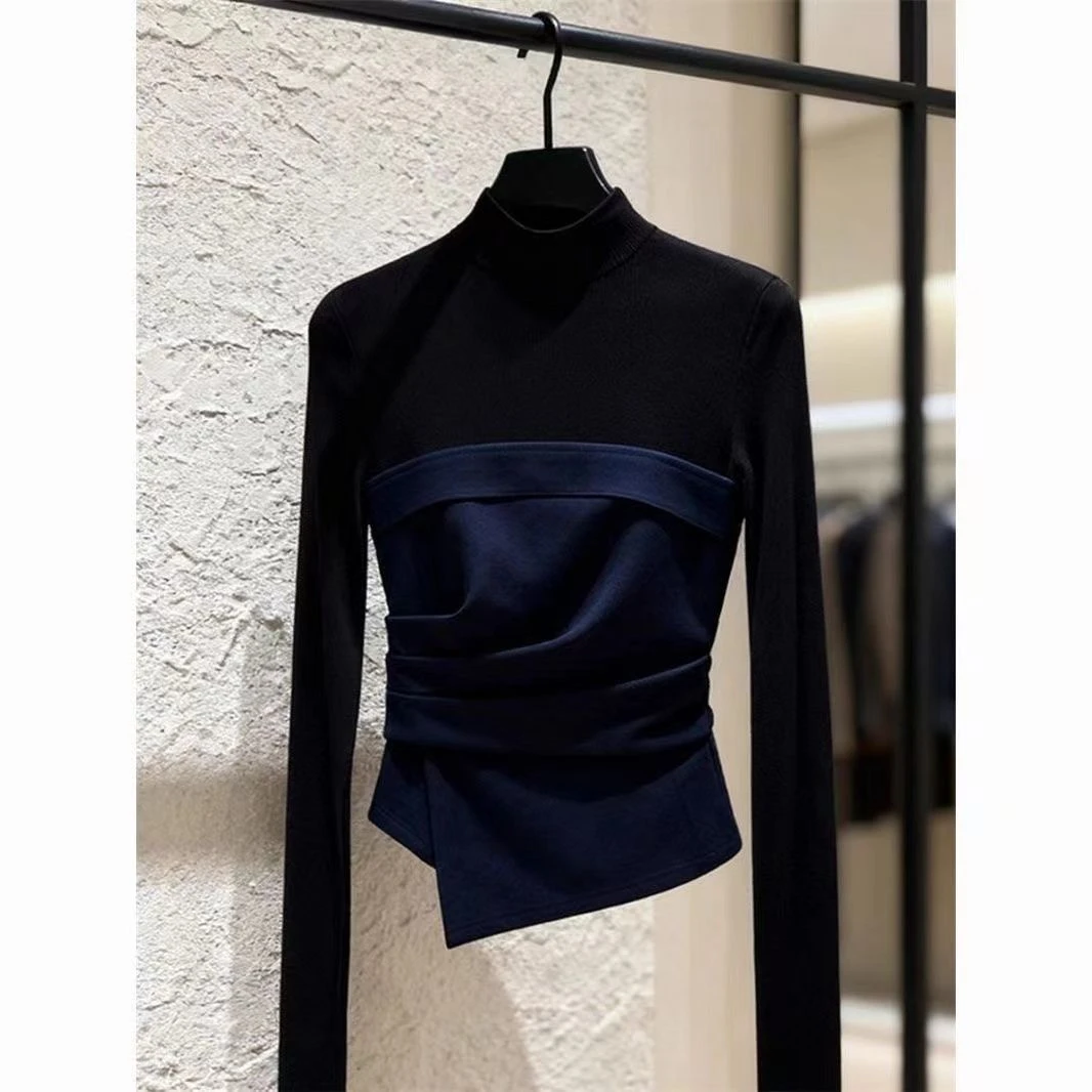 2025冬时尚洋气超好看轻奢小众不规则撞色拼接假两件长袖T恤上衣