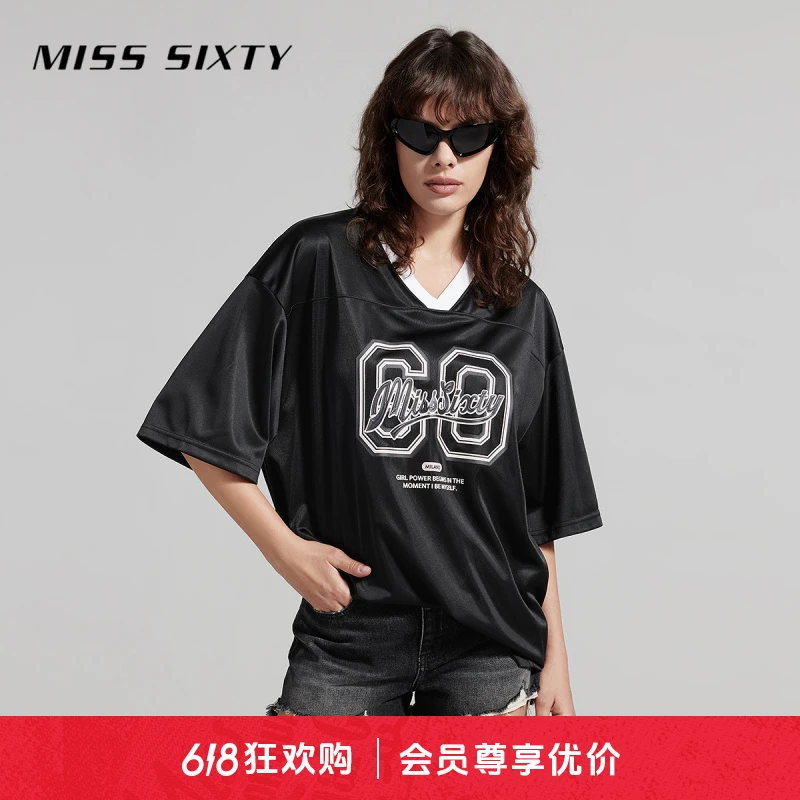 Miss Sixty夏季新款短袖T恤女V领落肩袖复古运动风雅丹风