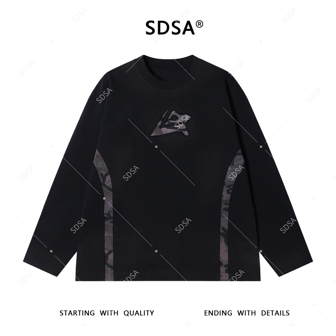 SDSA男士2025新款轻奢痞帅男装撞色拼接圆领长袖T恤百搭休闲上衣