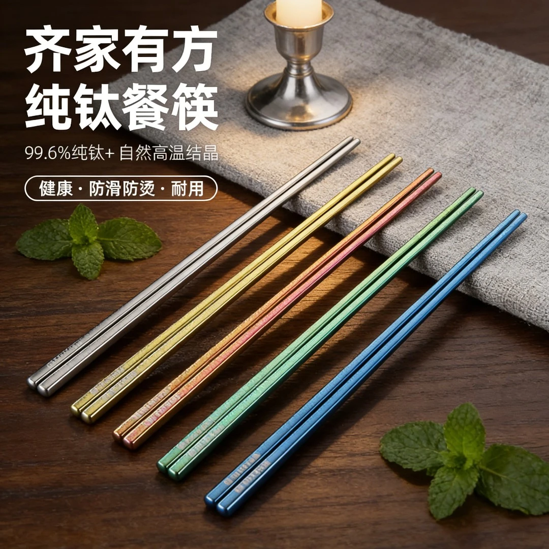 齐家纯钛筷子户外便携式露营野炊野餐餐具防滑钛方筷家用高档精致