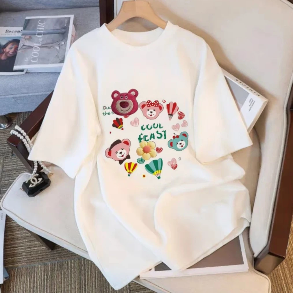 娟儿家宽松韩版街头印花卡通小熊圆领百搭夏季T女款半袖时尚简约