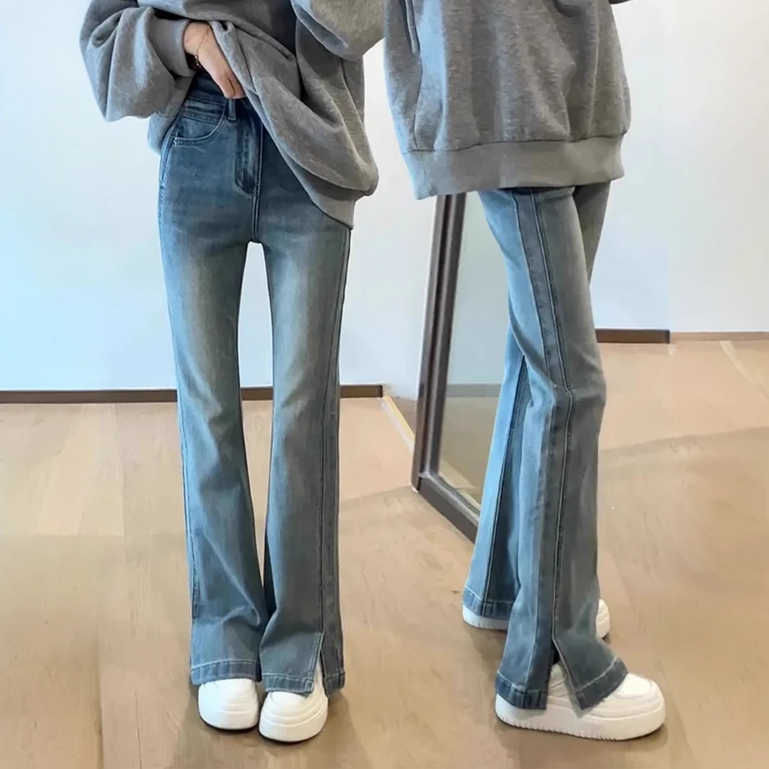 2025新款高腰弹力显瘦开叉直筒马蹄牛仔裤女复古百搭修身微喇裤子