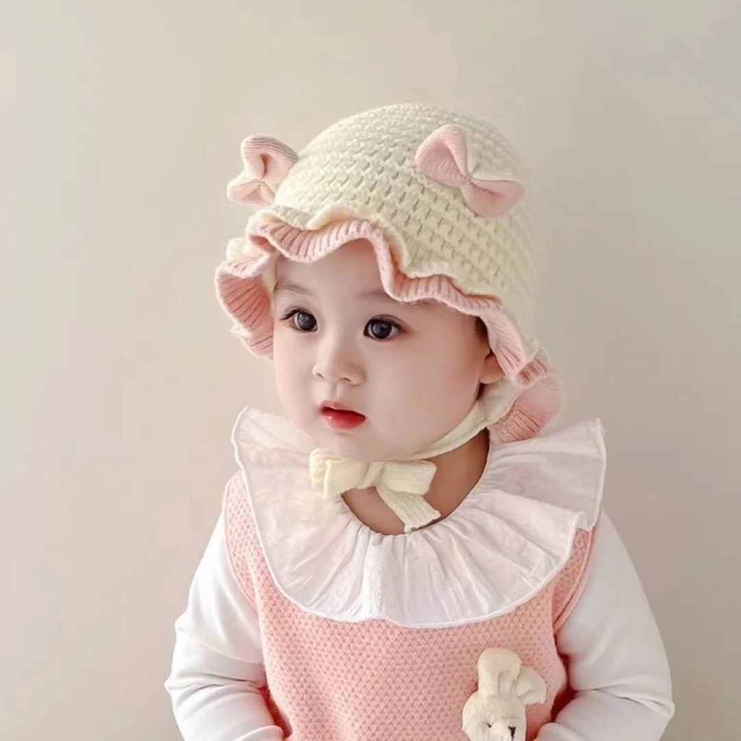 双层蝴蝶结荷叶帽冬季公主帽帽针织花边婴幼儿边女宝宝花苞女童