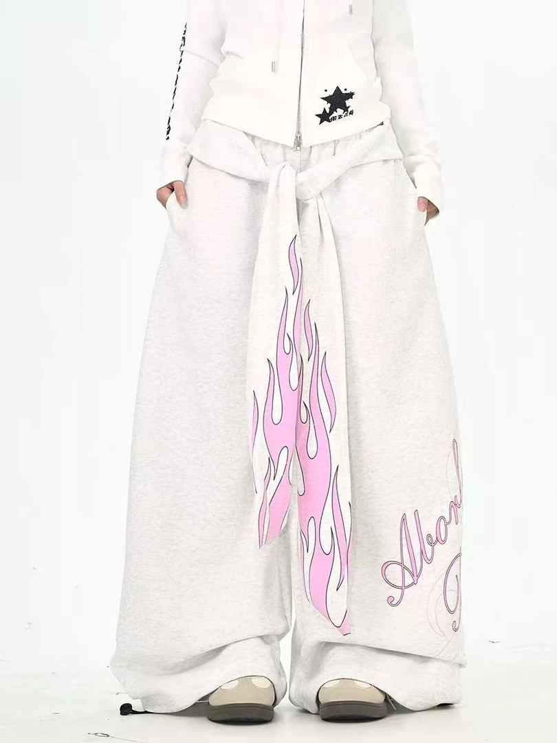 卫裤女款2025秋冬美式绑带重磅阔腿裤火焰印花爵士舞运动弯刀裤子