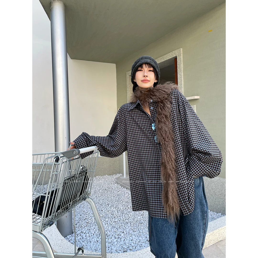 JCCC影子【咖啡因蓝】蓝咖复古撞色格子廓形中长款衬衫JE5HSC12