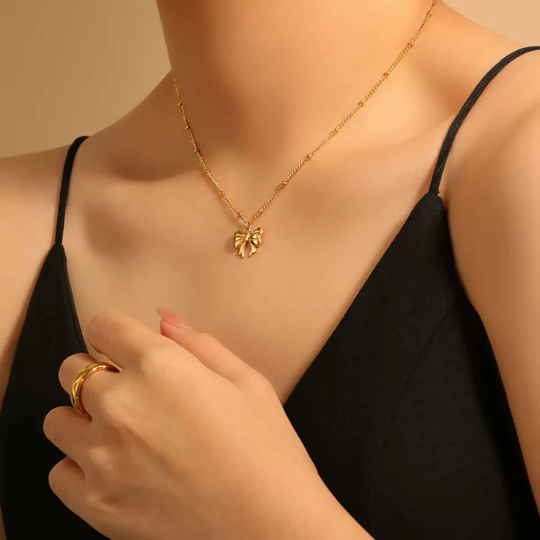 钛钢项链 小众珠珠链蝴蝶结项链优雅灵动镀18K金色锁骨链 不掉色