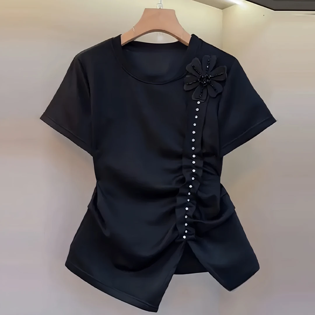 时尚铆钉立体花朵短袖T恤女2025夏季新款收腰捏褶设计感显瘦上衣