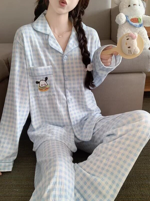 云朵棉睡衣女春秋季开衫长袖薄款套装格子休闲宽松套装家居服夏季