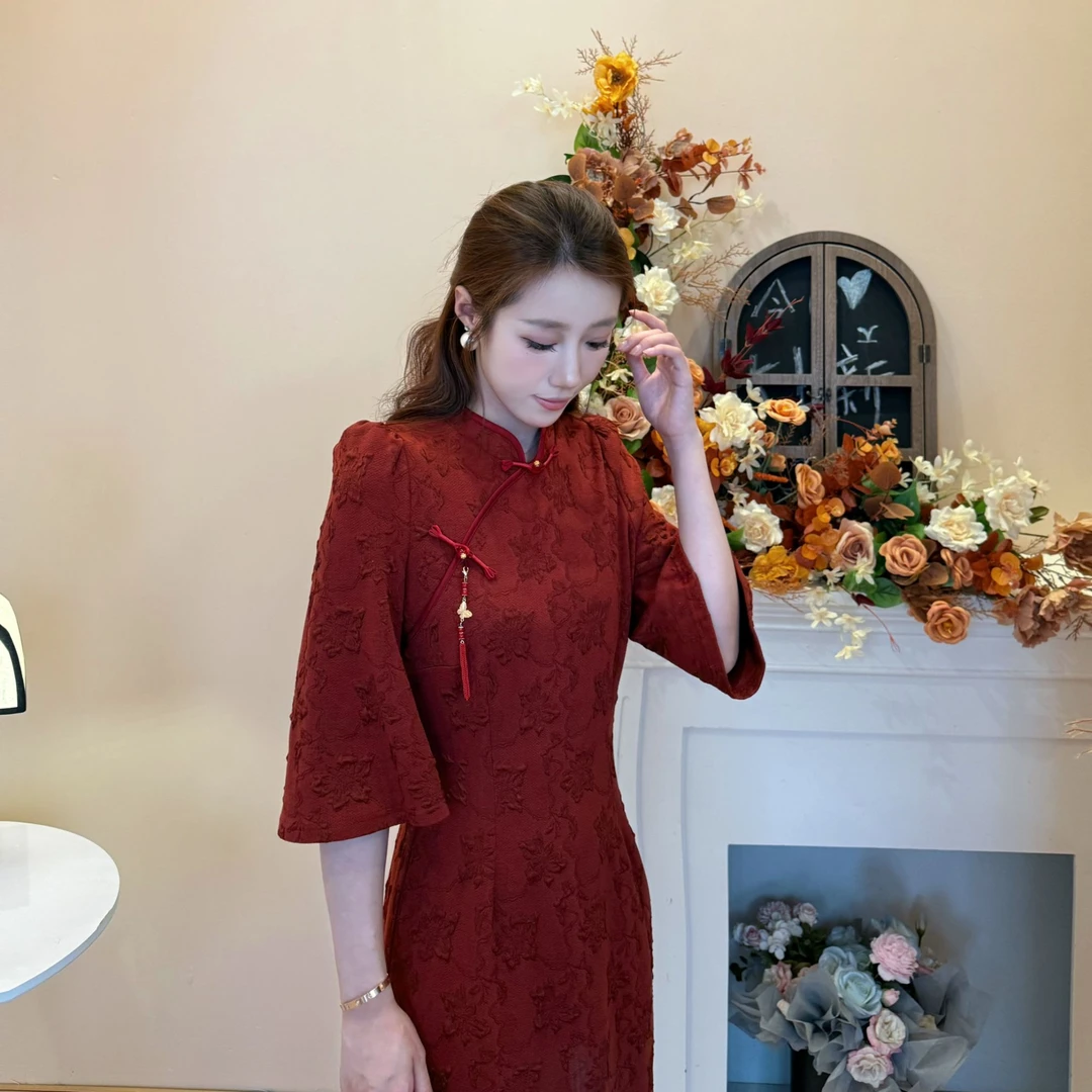 【山月诗】<贺贺>新中式暗纹提花旗袍连衣裙+半裙显瘦XMZH5821