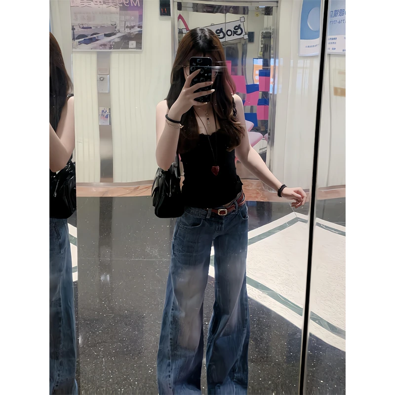 纯欲黑蝴蝶结蕾丝吊带背心甜辣妹外穿上衣微喇叭牛仔裤阔腿拖地裤