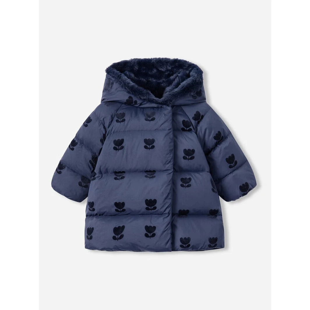 JACADI亚卡迪女小童中长款羽绒服2024栋新款连帽2040549 藏青123