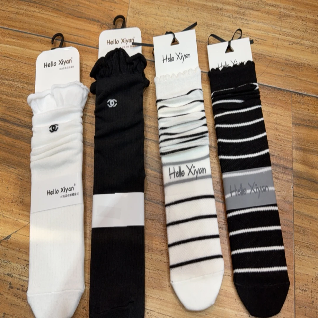 夏季透气薄款黑白色网眼直板堆堆袜木耳边少女心日系棉袜