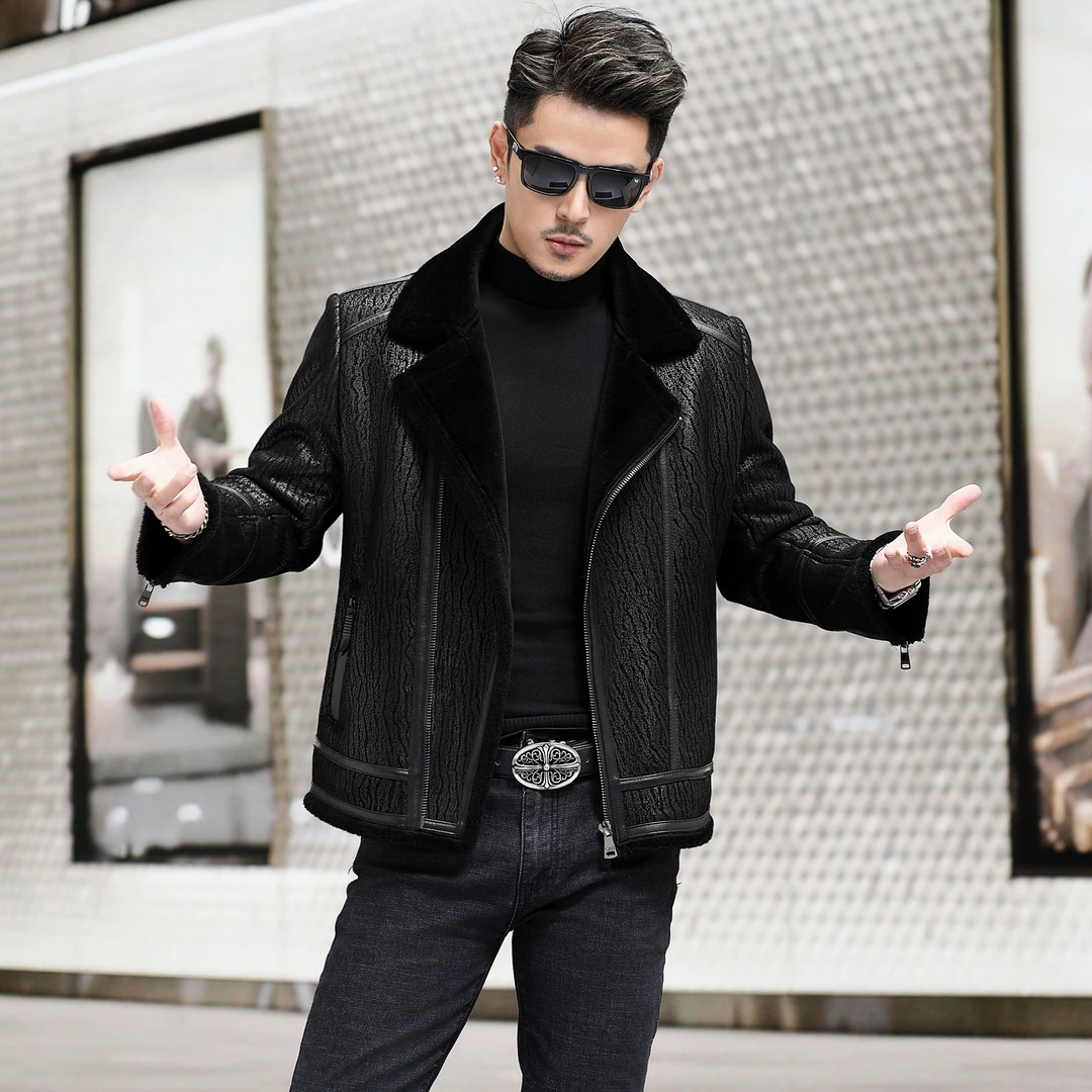 海宁皮毛一体男士外套冬季机车款羊皮羊毛短款休闲加厚款皮草翻领