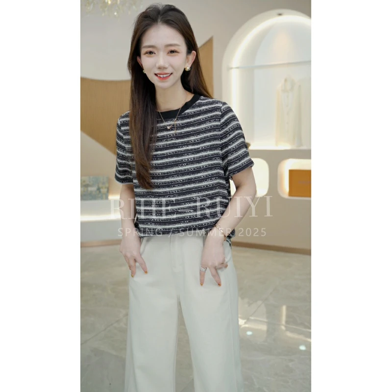 R H  【小X】桑蚕丝双绉T恤女圆领显瘦百搭时尚休闲设计感10015