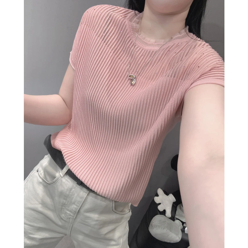 夏天新款冰丝针织衫短袖女拼接蕾丝洋气宽松百搭半袖性感微透上衣