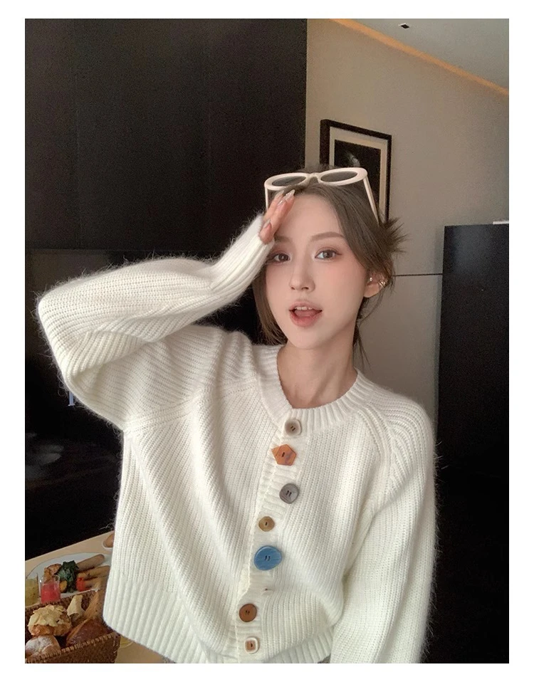 奶系设计感不规则彩色扣秋冬新款韩版针织开衫宽松减龄毛衣外套女