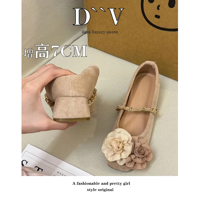 晚晚风优雅山茶花粗跟加增7cm芭蕾鞋新中式3-5cm洋气小高跟鞋