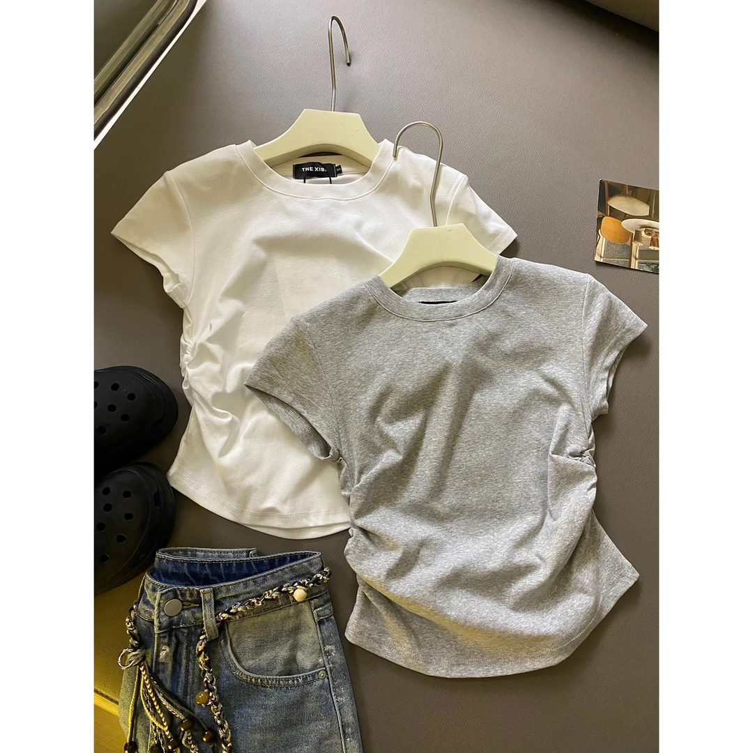 显身材！J50韩版辣妹正肩圆领T恤女夏季新款抽褶收腰显瘦短款上衣