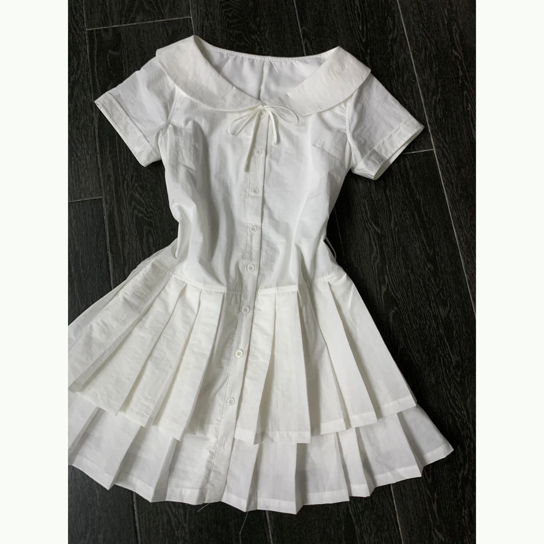 白色高级感娃娃领百褶连衣裙女夏季新款韩系蝴蝶结a字收腰短裙潮