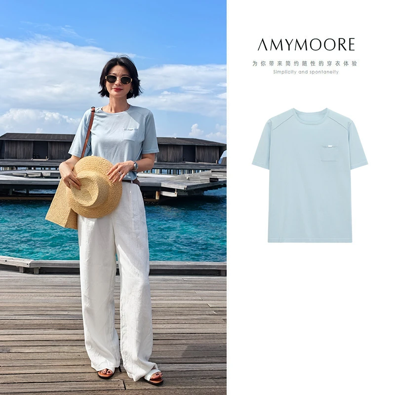 AMYMOORE艾莫尔2025年夏季女T恤短袖蓝色醋酸休闲圆领时尚780174