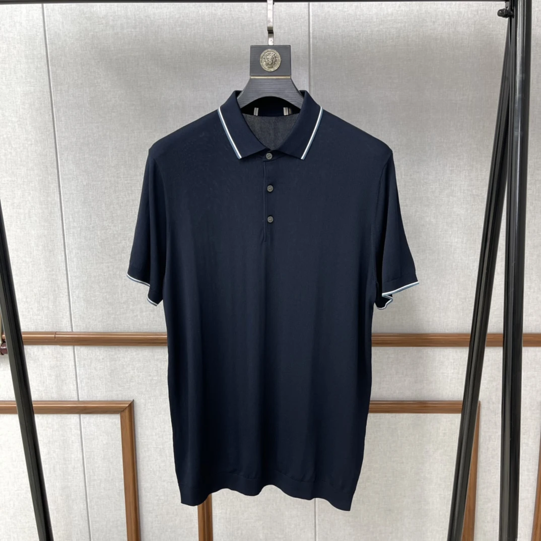 D761桑蚕丝短袖POLO衫针织衫男夏季时尚撞色翻领柔软透气套头衫