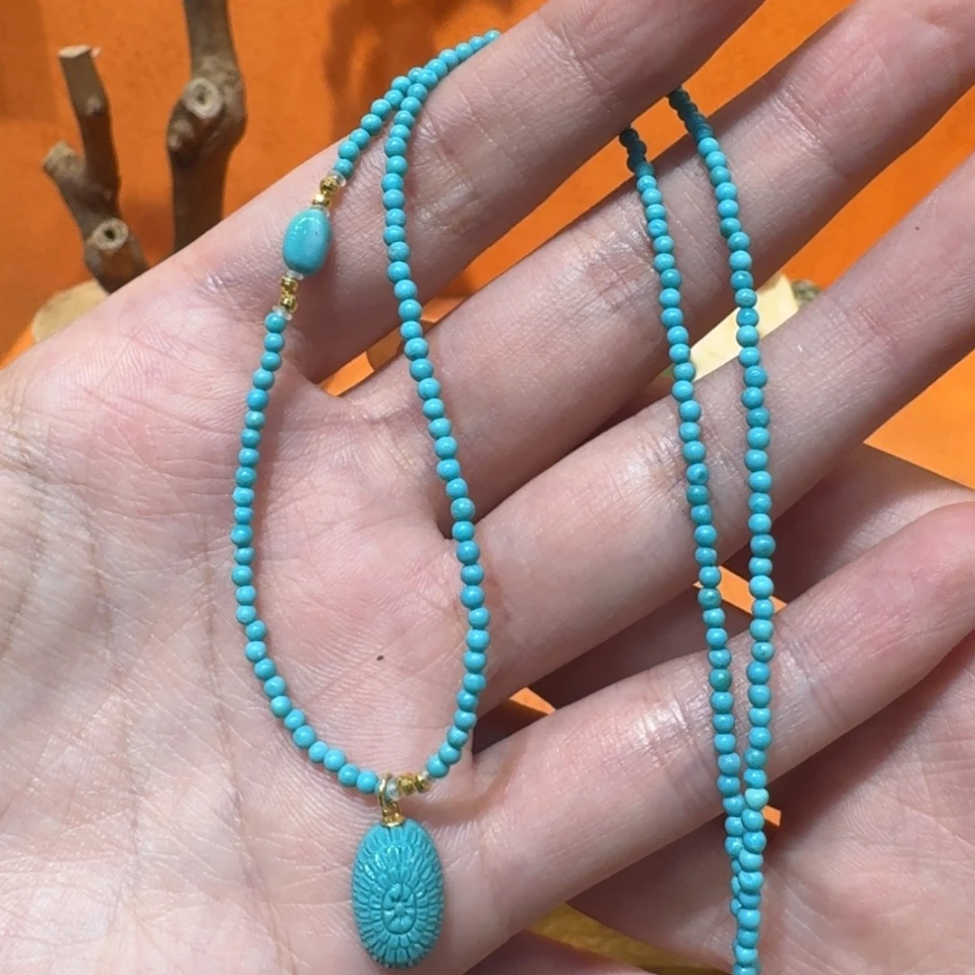 绿松石18K金镶嵌项链小米珠