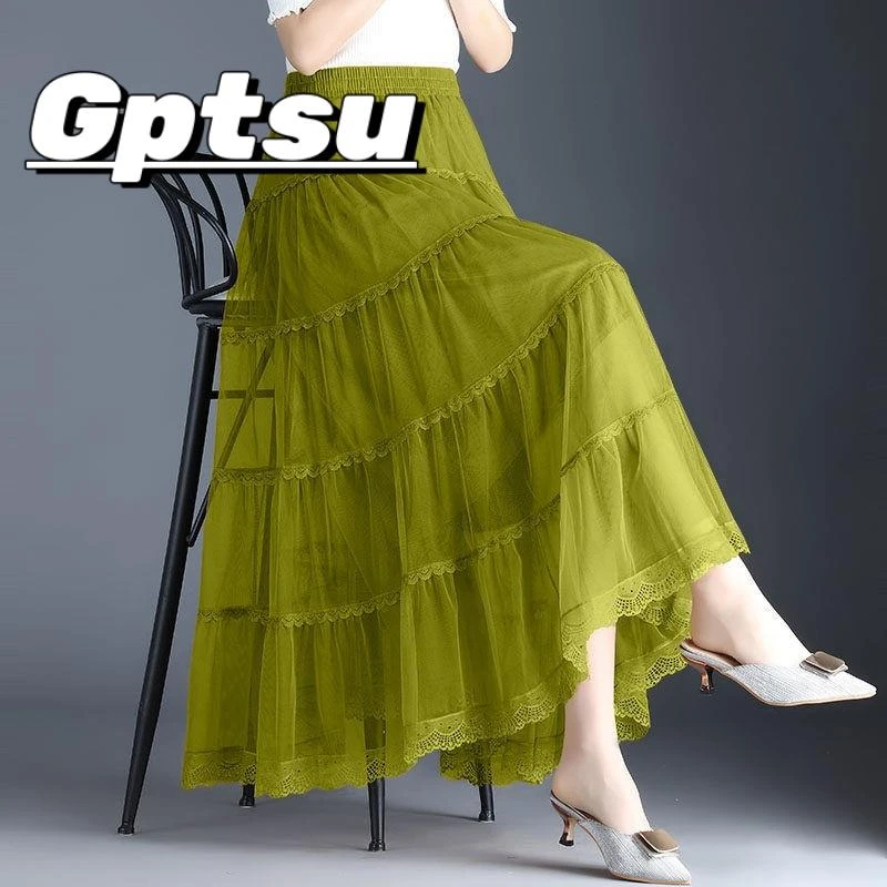 GPTSu网红春秋年时髦仙女网纱半身裙过膝百褶a裙春秋垂感显瘦长裙