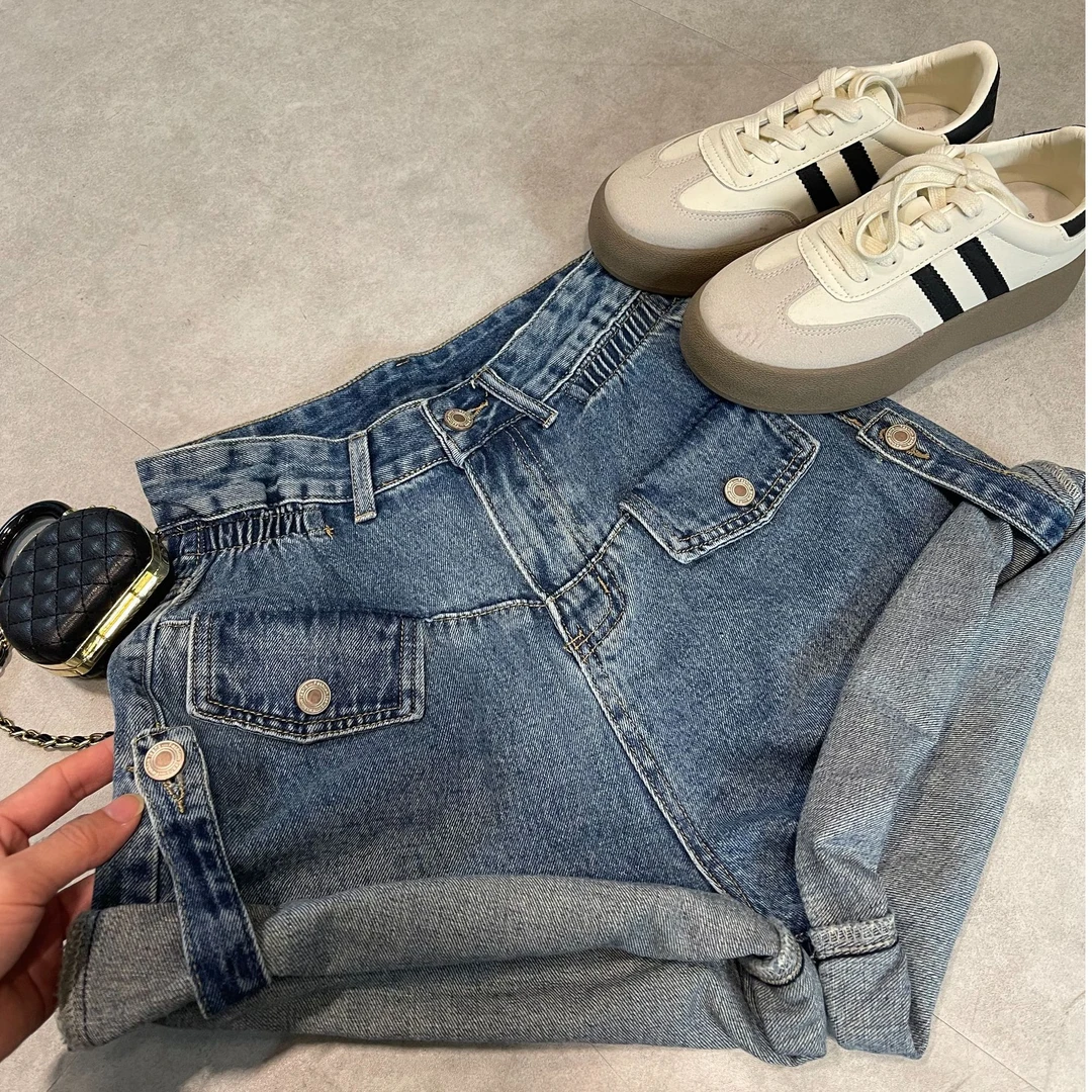 W3362 王仙女 A字阔腿热裤卷边高腰牛仔短裤辣妹裤