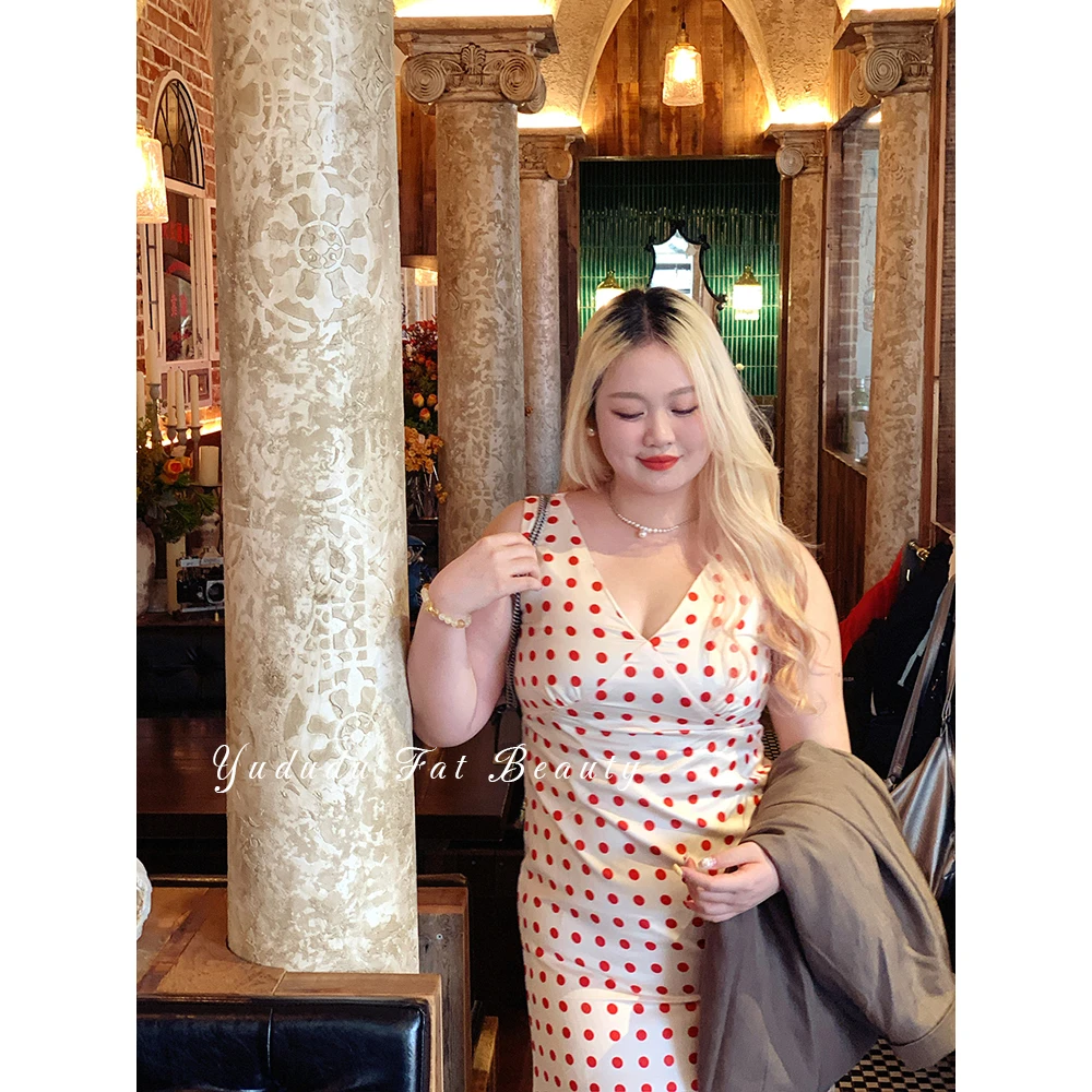 鱼嘟嘟【一曲探戈】法式高级挂脖微胖红色显瘦连衣裙MM长裙裙子长款