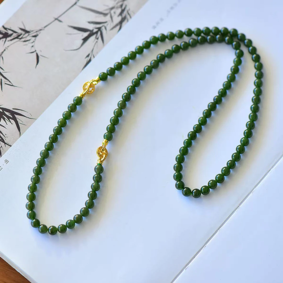 QA556天然和田玉碧玉约6mm精美百搭双戴项链