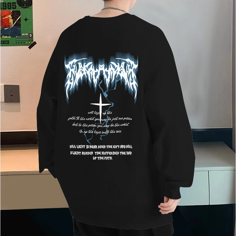 春秋纯棉长袖t恤男女潮牌美式圆领宽松大码打底衫上衣学生青少年