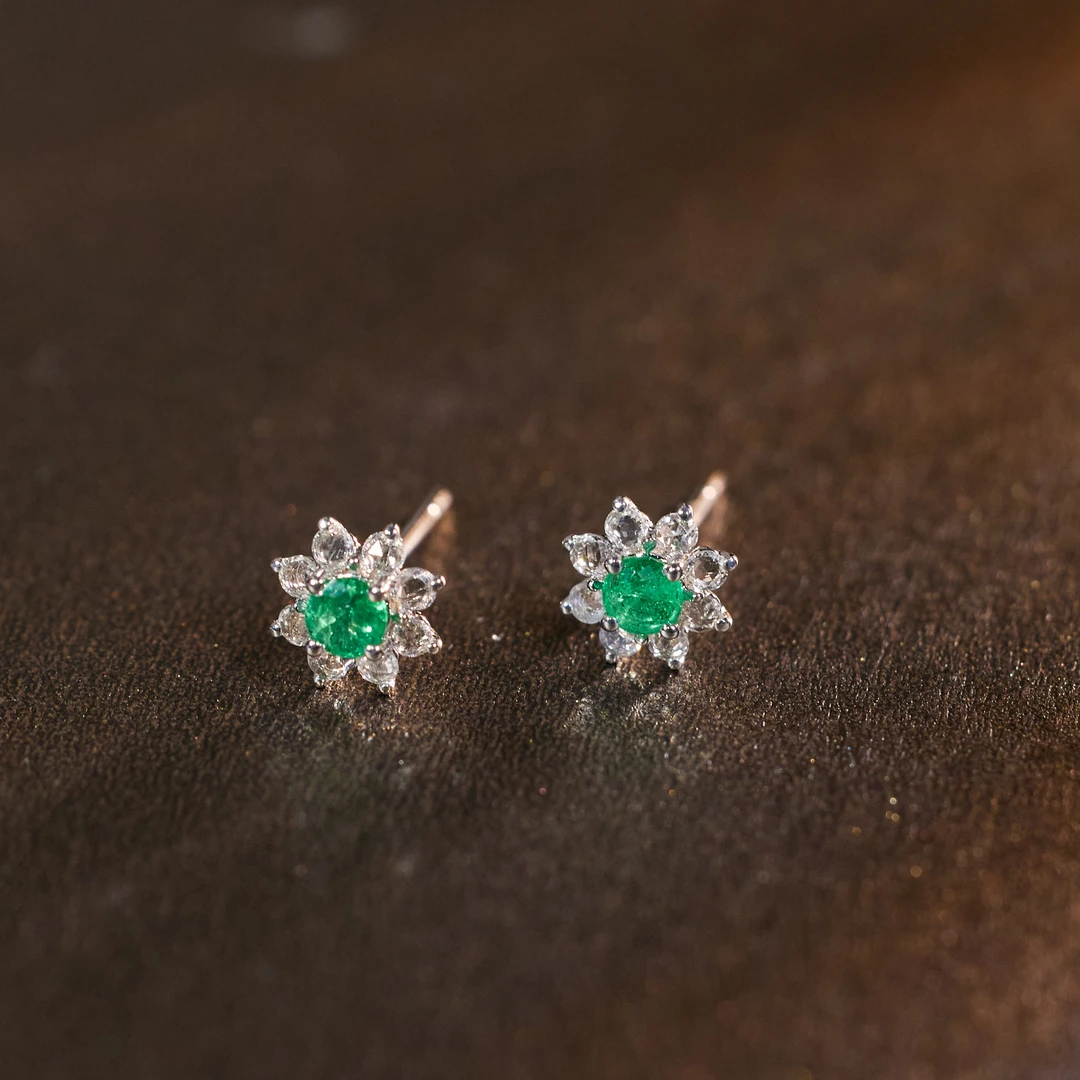 玉峰珠宝【安娜】祖母绿耳饰18K金花花【S1407】多样性发一