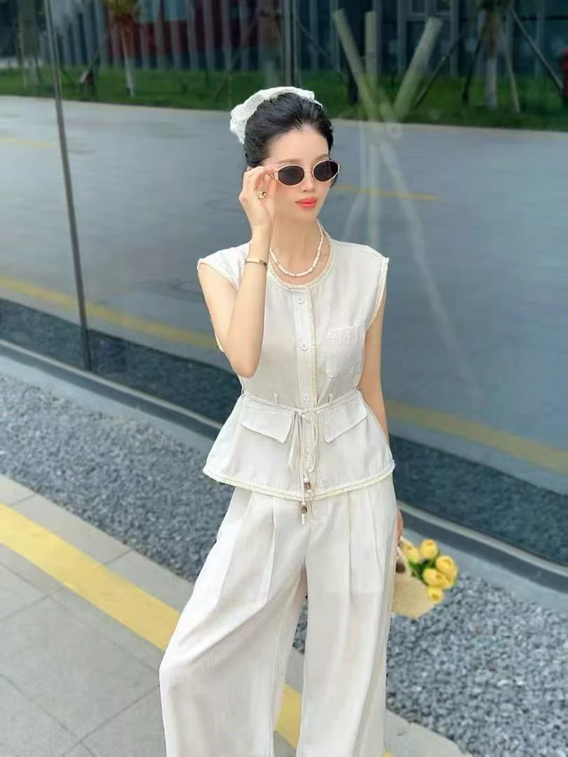 X2X9130-时尚圆领无袖背心马甲上衣+高腰显瘦阔腿裤两件套装女