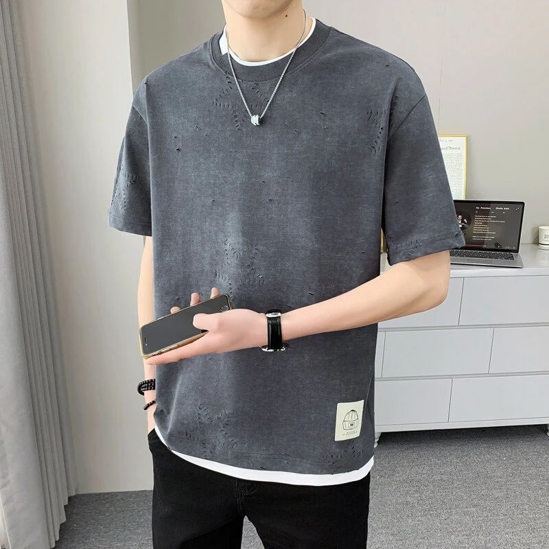 男士夏季新款棉短袖T恤潮流时尚宽松拼接破洞假两件百搭圆领韩版