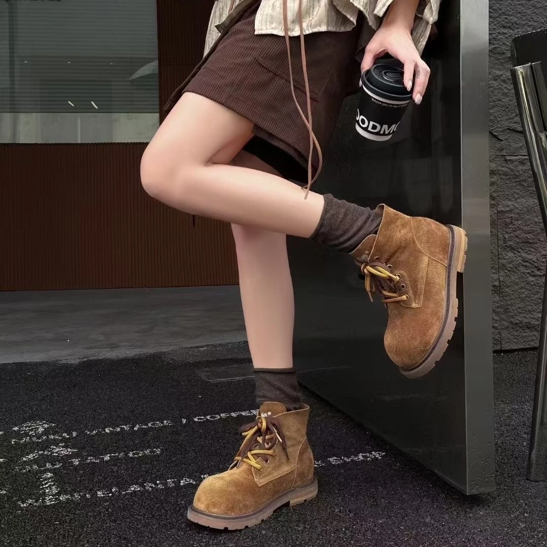 牛皮版~真皮复古马丁靴女2025秋冬季新款爆款低筒百搭小众短靴子