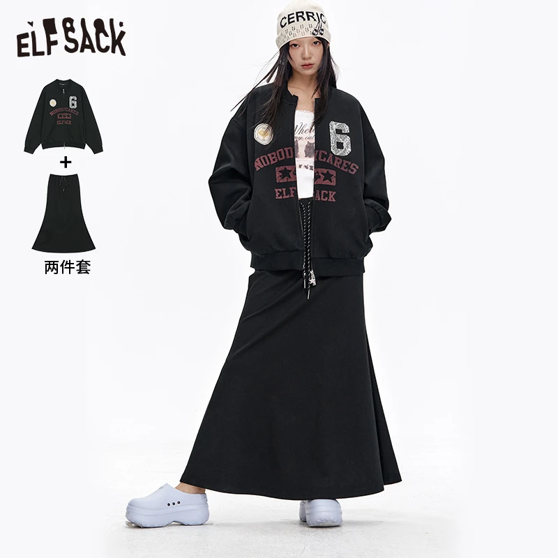 妖精的口袋黑色印花半身裙棒球服两件套装25春季新款25112012