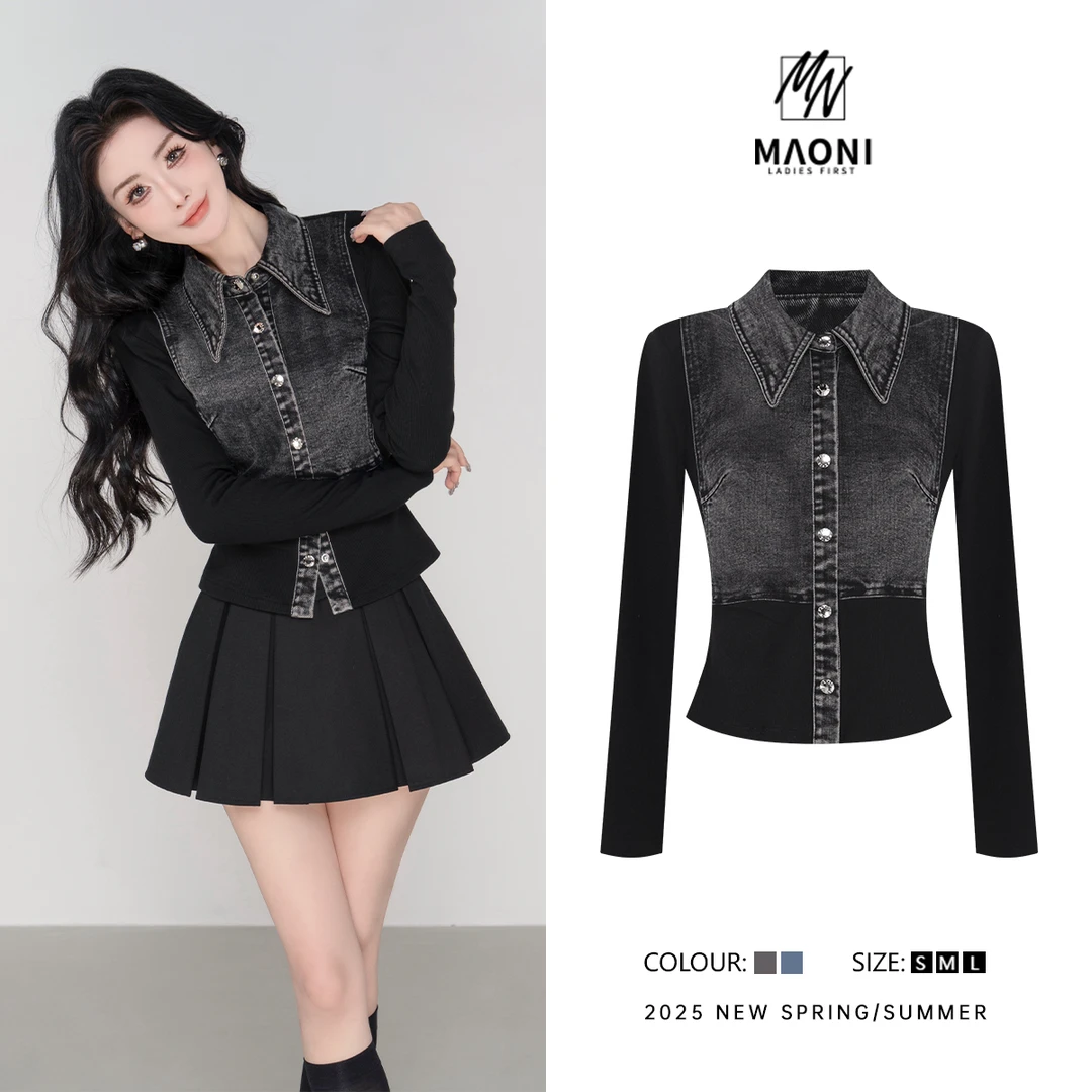 毛妮Peshe【拼接牛仔衬衫】修身显瘦长袖复古气质休闲2025春L1250