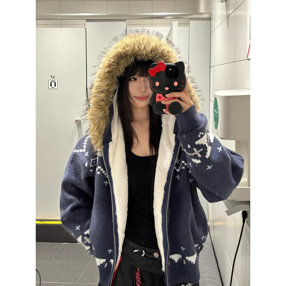 QIUYIDAODI美式复古费尔岛毛领开衫连帽毛衣男女宽松针织外套