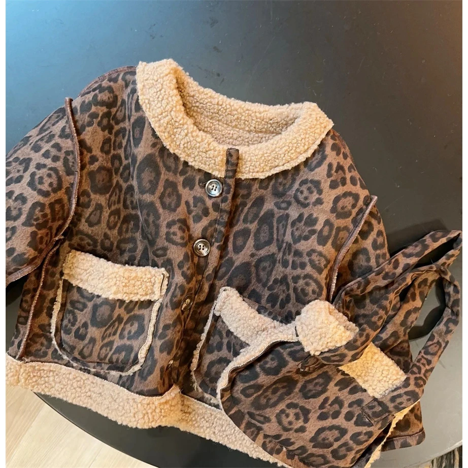 hhkids女童豹纹时尚外套2024新款女孩时髦双面穿一体上衣HWT666