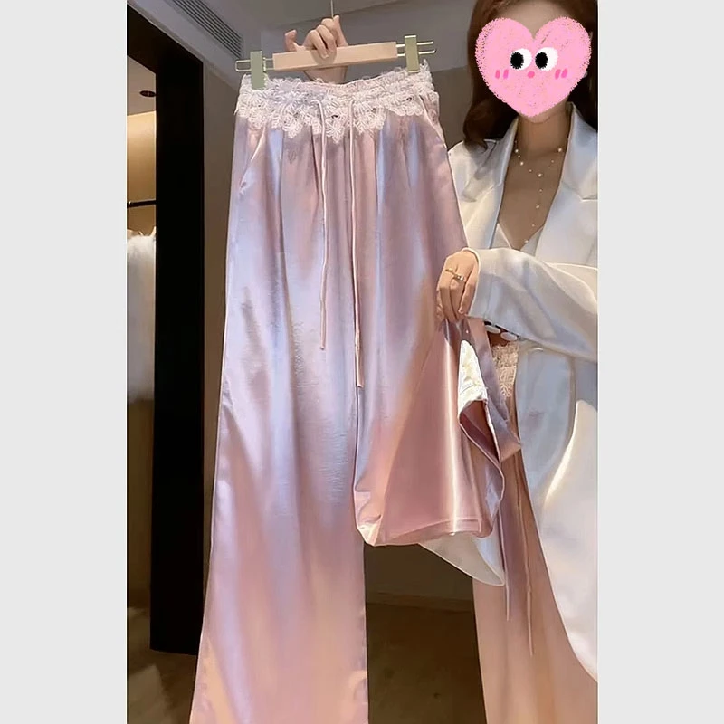 2025夏季新款粉色缎面阔腿裤女时尚高腰显瘦垂坠感直筒休闲凉凉裤
