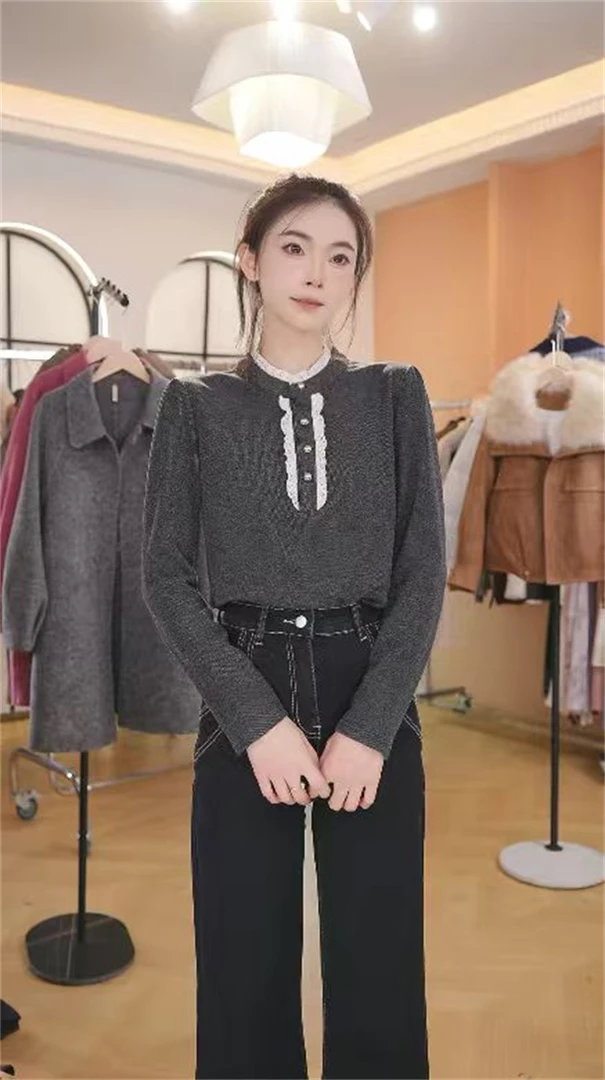 气质蕾丝拼接木耳边百搭打底衫女潮秋冬季新款时尚保暖上衣女5113