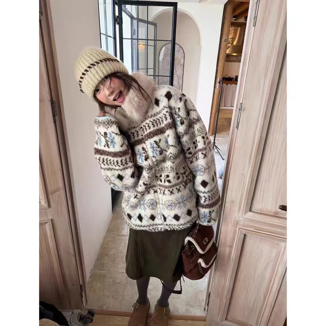 冬季韩系时尚费尔岛毛领拼接宽松休闲加厚保暖外套女