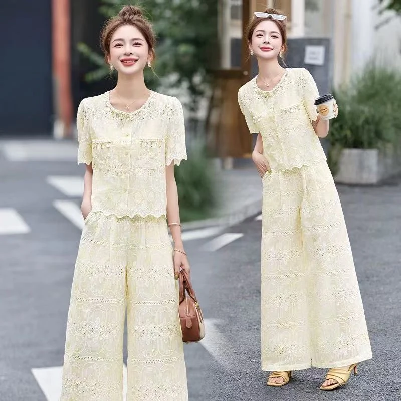 法式高端蕾丝套装2025夏新款欧货女气质时尚短袖上衣阔腿裤两件套