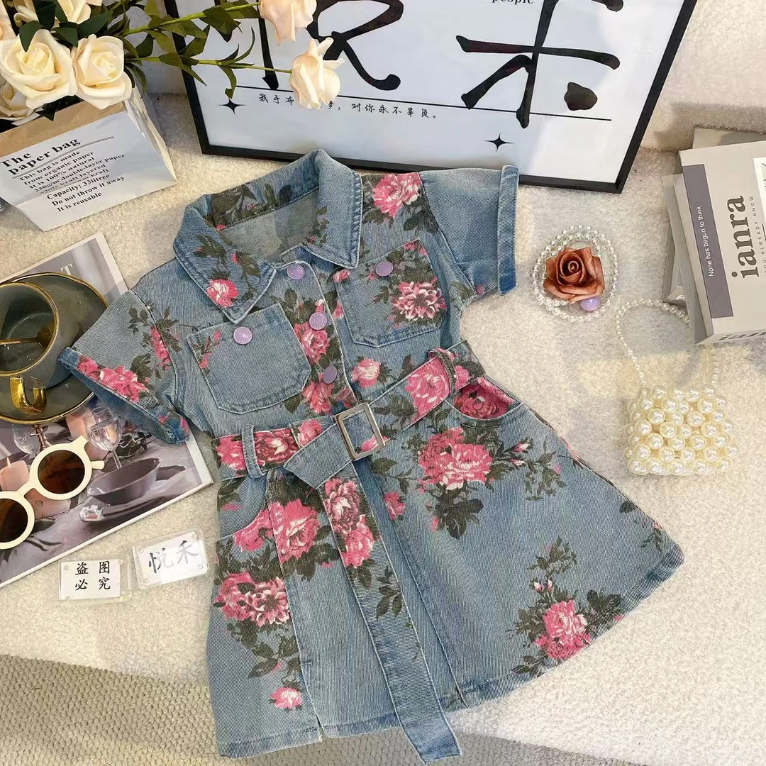 T1女童休闲短袖牛仔连衣裙收腰夏季新款韩版软牛仔花朵裙子8769