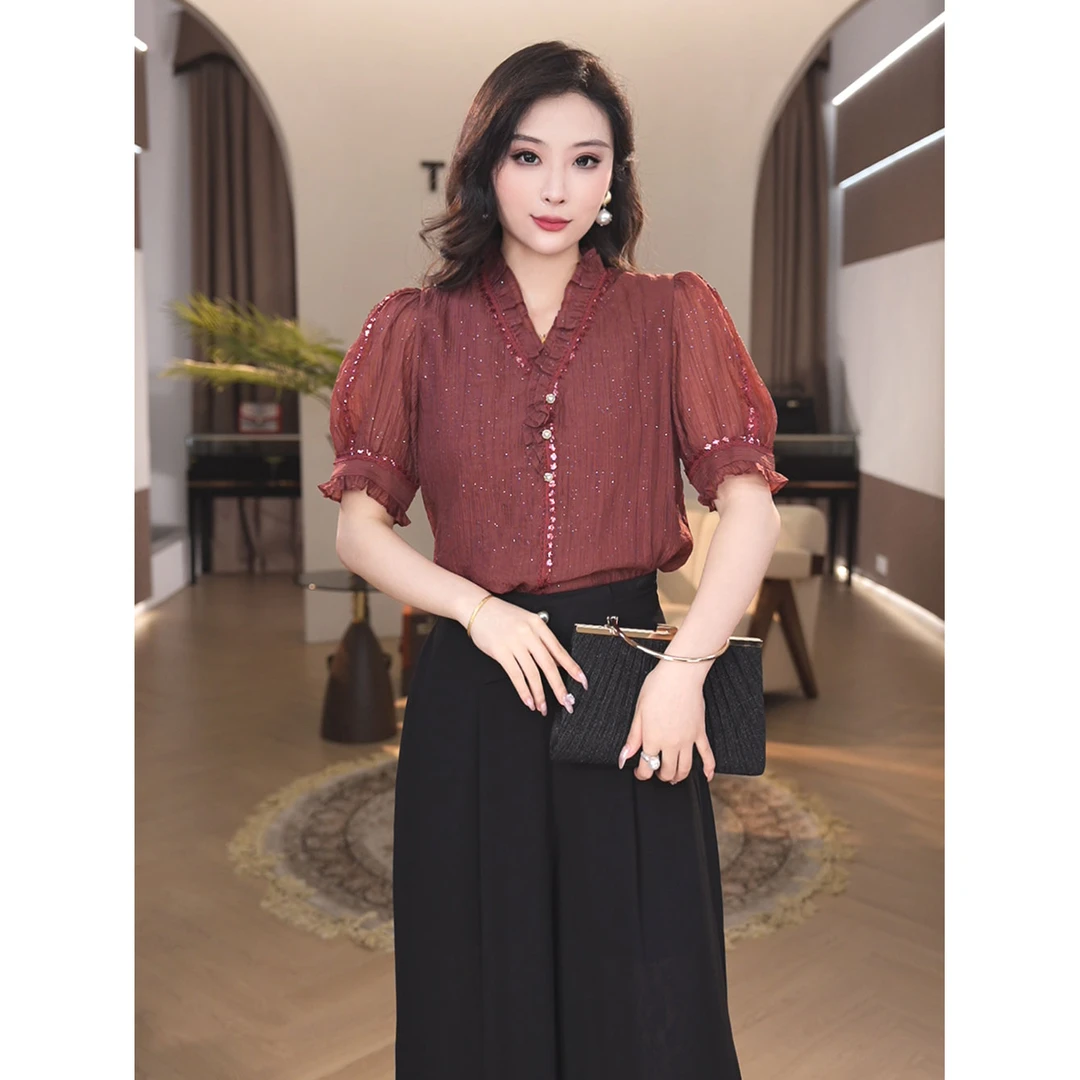 现货2025夏季新款【LT24-X296】小众法式气质红色减龄洋气衬衫上衣