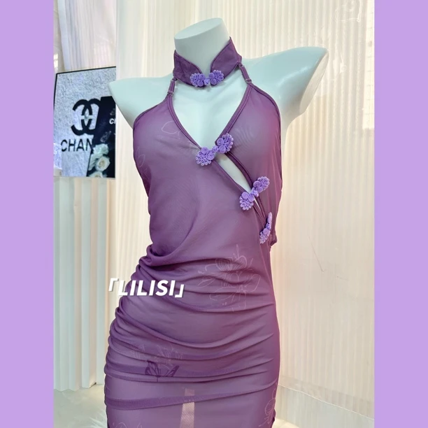 【dodo 】性感睡衣国风小胸绑带纯欲紫色旗袍连衣裙