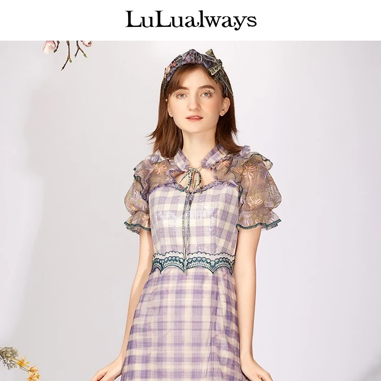 【媛媛女王专享】LULUALWAYS夏季系带镂空网纱连衣裙LMB5055