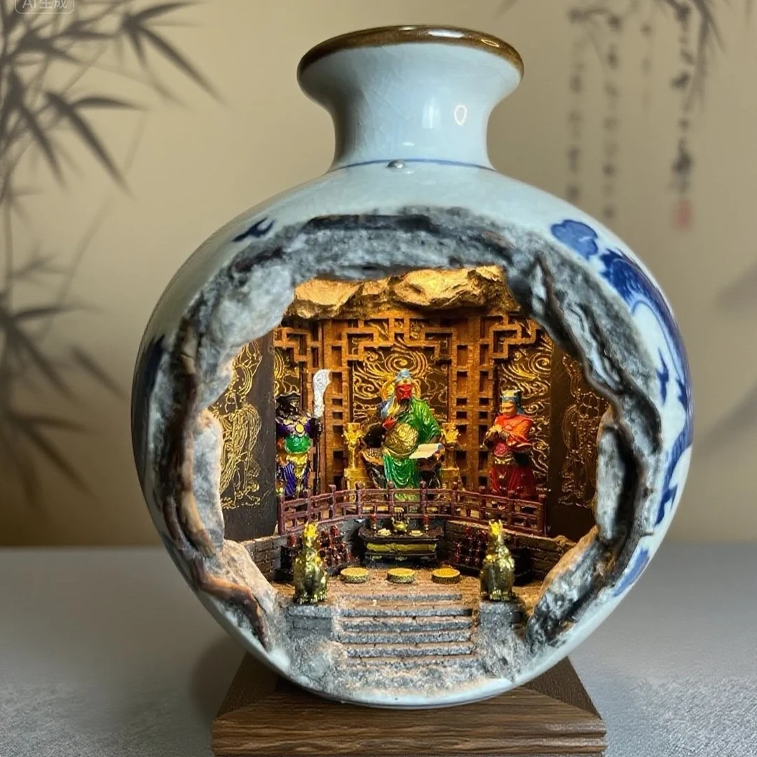 陶瓷花瓶仿古桌面景观摆件关圣帝君手工创意玄关书房