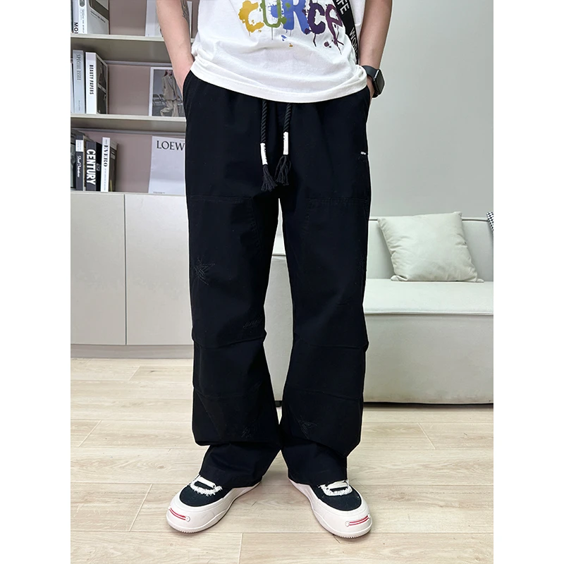 男士直筒休闲裤春秋长裤百搭宽松刺绣裤子春季潮流阔腿裤男89002