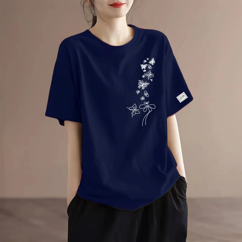 2025新款纯棉圆领短袖t恤女夏装宽松大码显瘦遮肚上衣正肩打底衫